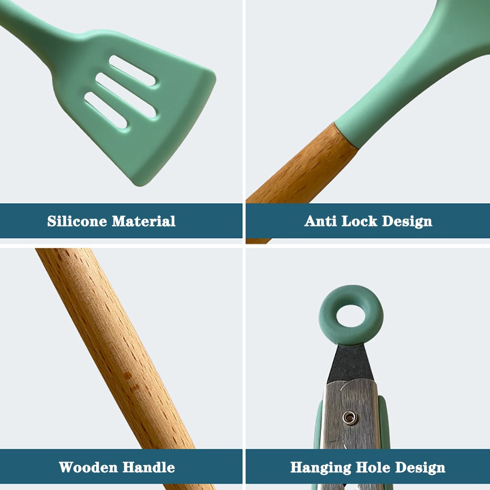 Silicone Kitchenware Cooking Utensils Set Non-stick Cookware Spatula Shovel Egg Beaters Wooden Handle Kitchen Cooking Tool Set utensils DailyAlertDeals   