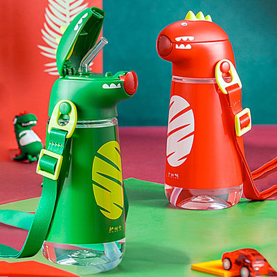 New Pinkah Children Straw Kettle with Shoulder Strap Portable School Plastic Water Bottle Creative Cartoon Dinosaur Shape 450ML Portable School Plastic Water Bottle DailyAlertDeals   