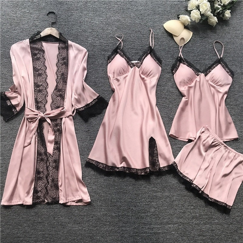 Sleepwear Female 5/4/2PCS Pajamas Set Sexy Satin Wedding Nightwear Rayon Home Wear Nighty Robe Suit  DailyAlertDeals 4PCS pink S 