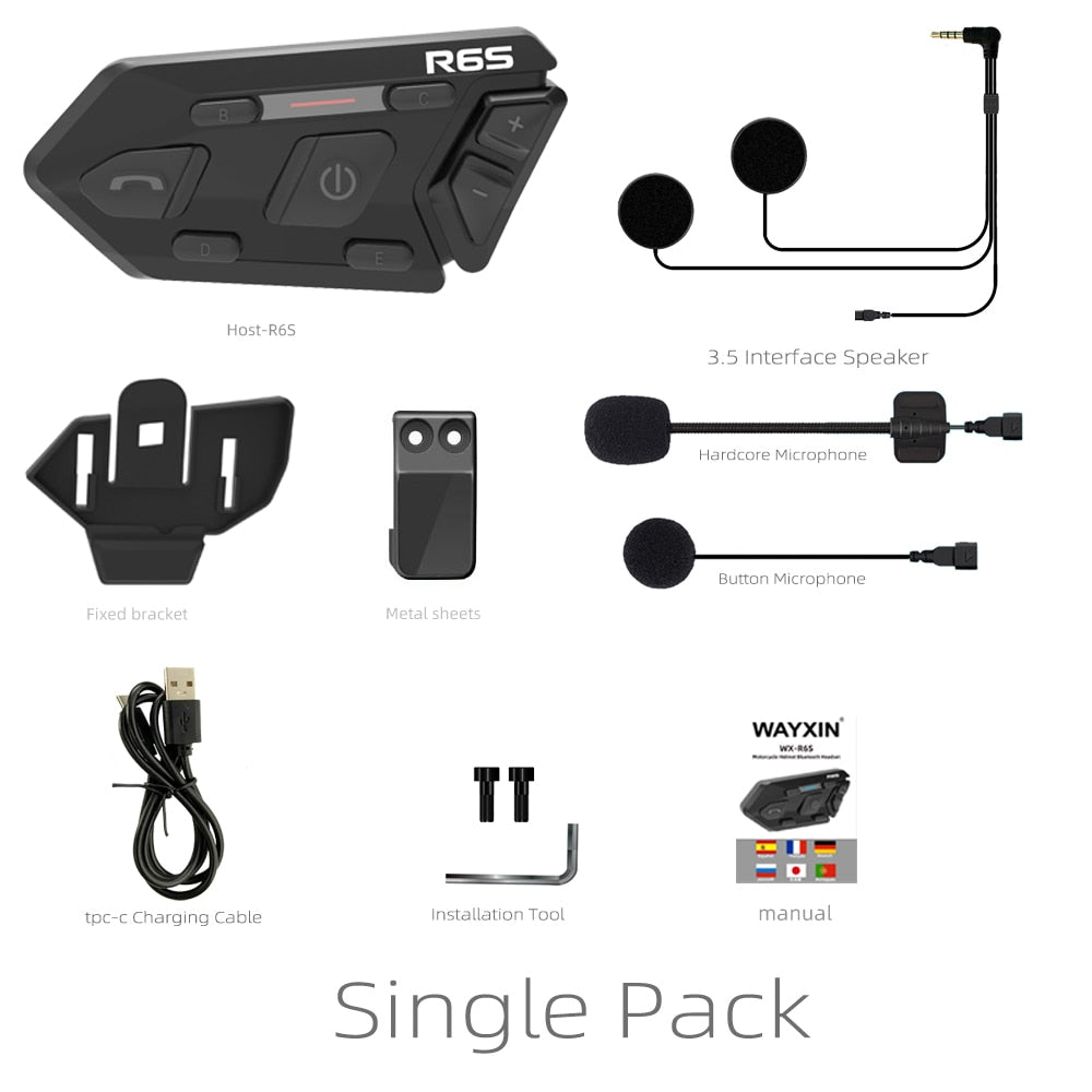 WAYXIN R6s Helmet Headset Motorcycle Intercom Waterproof Bluetooth 5.0  DSP Noise Reduction 6 Rider  Communication MP3 GPS 1200m Helmet Headset Motorcycle Intercom DailyAlertDeals China Single Pack 