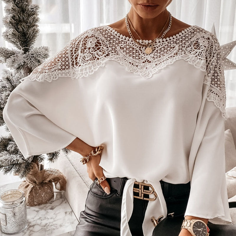 Lace Shirt White Blouse Women O-Neck Crochet Floral Long Sleeve Shirt Embroidery Casual Sexy Office Ladies Top Clothes 12459 0 DailyAlertDeals white S 