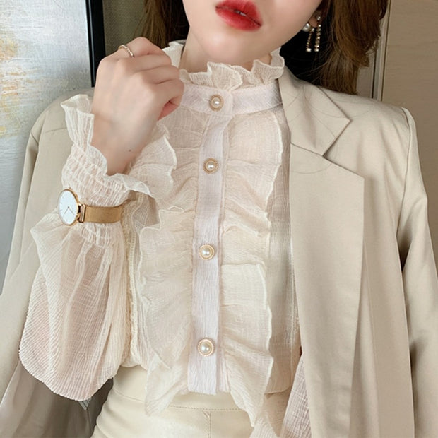 Korean New Elegant Long Sleeve Chiffon Shirt Spring Ruffle Lace Women Blouse Sweet Casual Tops Stand Collar Clothes Blusas 13433 Spring Ruffle Lace Women Blouse DailyAlertDeals   