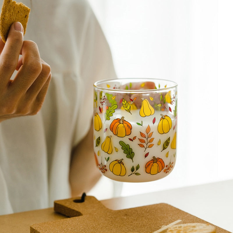 JINYOUJIA Heat-Resistant With Handle Glass Mug Breakfast Milk Cup Cute Office Home Coffee Mugs Lemon Mushroom Pumpkin Pattern 0 DailyAlertDeals   