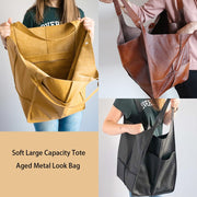 Casual Soft Large Capacity Tote Women Handbags Designer Aged Metal Look Luxury Pu Leather Shoulder Bag Retro Big Shopper Purses 0 DailyAlertDeals   