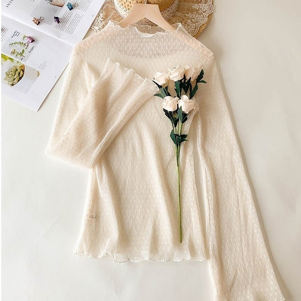JuneLove Autumn Women Long Sleeve Turtleneck Lace Shirt Sexy Blouse lady Slim Blouse Perspective Mesh female Elastic Shirts Tops 0 DailyAlertDeals 343Jwhite S-M 