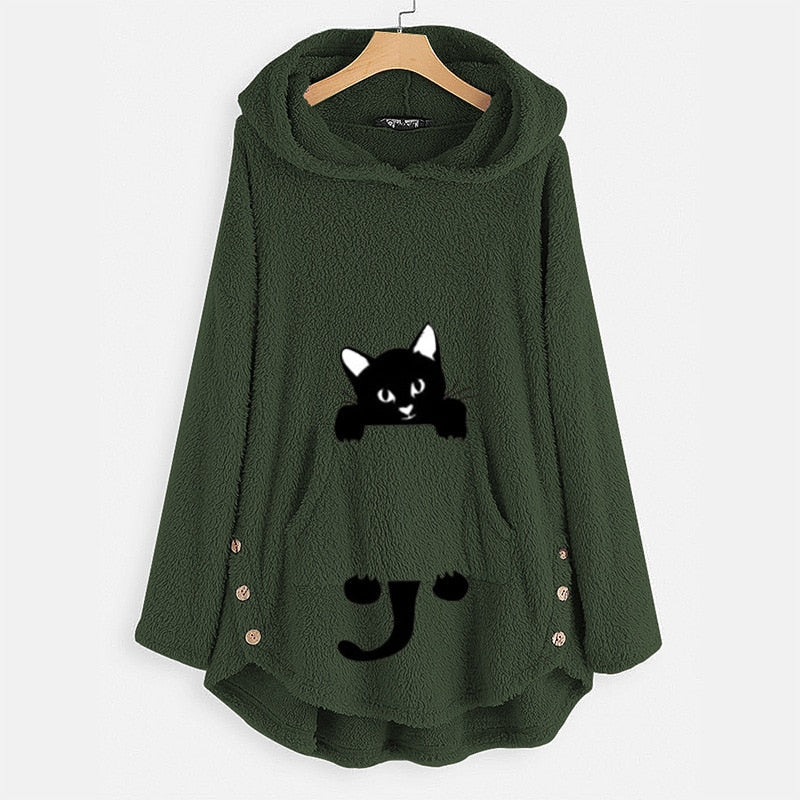 Lovely Cartoon Cat Fleece Winter Pajamas Women Hoodies Hooded Sweatshirts Long Sleeve Lady Pullovers Tops 0 DailyAlertDeals Green M 