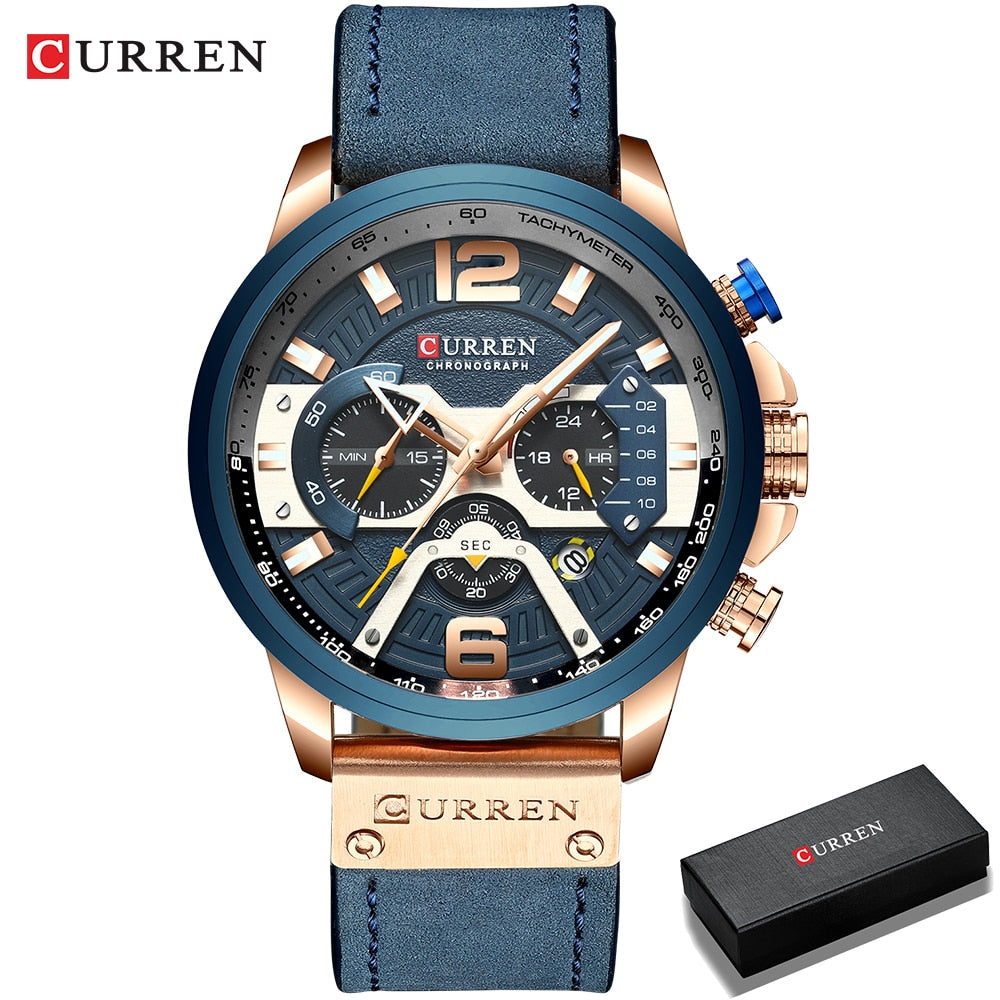 CURREN Casual Sport Watches for Men Top Brand Luxury Military Leather Wrist Watch Man Clock Fashion Chronograph Wristwatch wrist watches DailyAlertDeals rose blue - box USA 