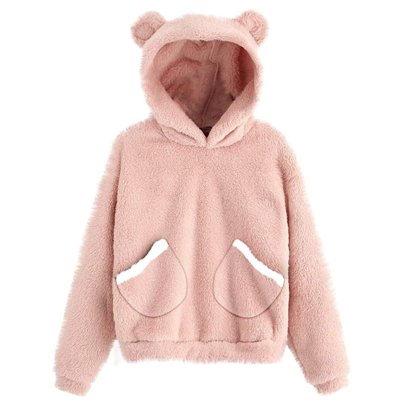 Fluffy hoodie Women fuzzy hoodie cute bear ear cap Autumn Winter Warm pullover Long Sleeve outwear Fluffy hoodie DailyAlertDeals PINK WITH POCKET S