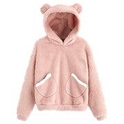 Fluffy hoodie Women fuzzy hoodie cute bear ear cap Autumn Winter Warm pullover Long Sleeve outwear Fluffy hoodie DailyAlertDeals PINK WITH POCKET S United States