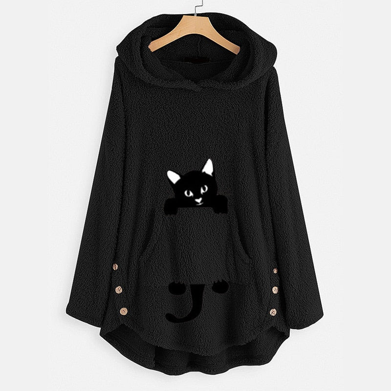 Lovely Cartoon Cat Fleece Winter Pajamas Women Hoodies Hooded Sweatshirts Long Sleeve Lady Pullovers Tops 0 DailyAlertDeals Black M 