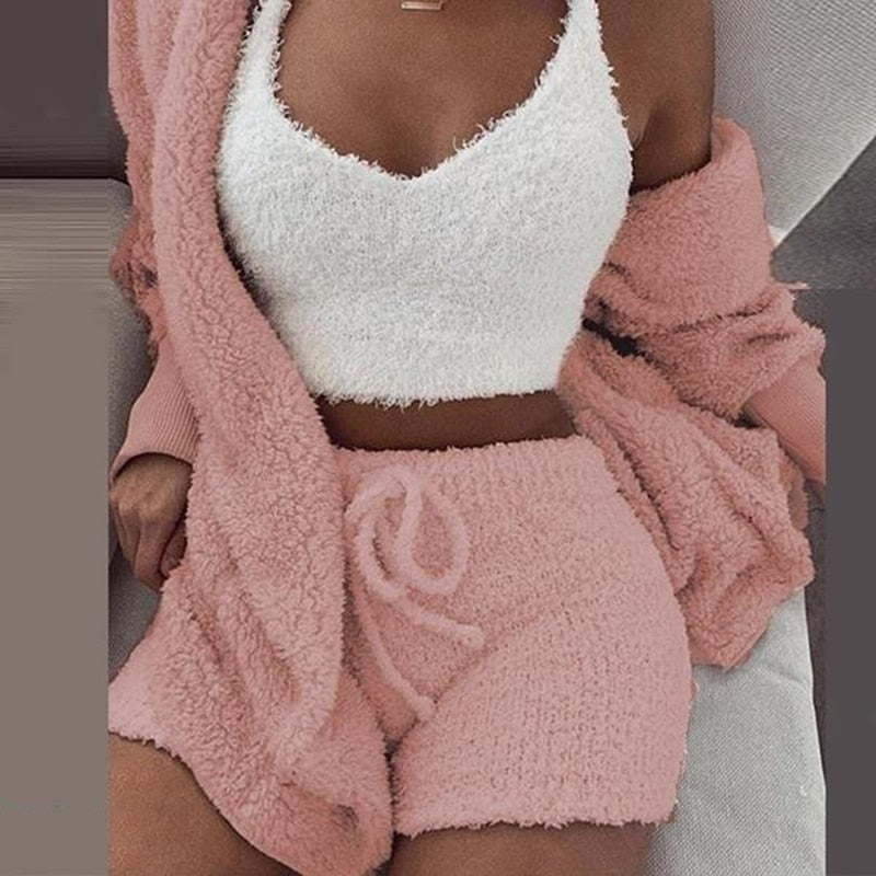 Winter Autumn Three Piece Sexy Fluffy Outfits Plush Velvet Hooded Cardigan Coat+Shorts+Crop Top Women Tracksuit Set Women Outfit 0 DailyAlertDeals pink S 