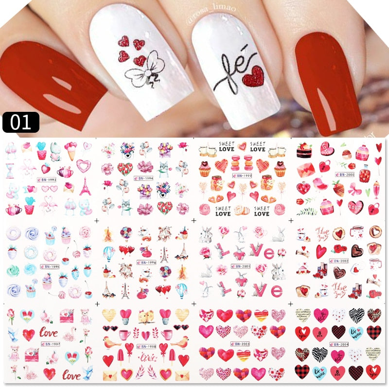 Harunouta Valentine's Day 3D Nail Stickers Heart Flower Leaves Line Sliders French Tip Nail Art Transfer Decals 3D Decoration Nail Stickers DailyAlertDeals Water Decals 01  