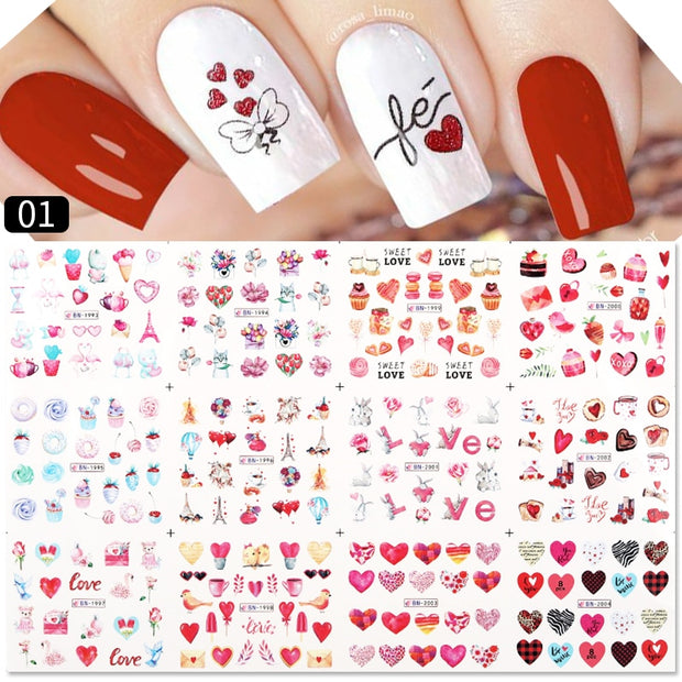 Harunouta Valentine's Day 3D Nail Stickers Heart Flower Leaves Line Sliders French Tip Nail Art Transfer Decals 3D Decoration Nail Stickers DailyAlertDeals Water Decals 01  