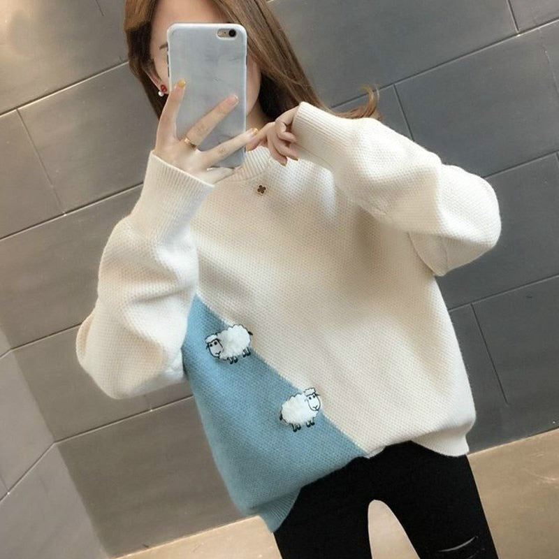 Cute Sheep Pattern Loose Pullover Sweater Women 2022 Fall Winter Korean School Contrast Color Knit Jumper Female Knitwear 0 DailyAlertDeals   