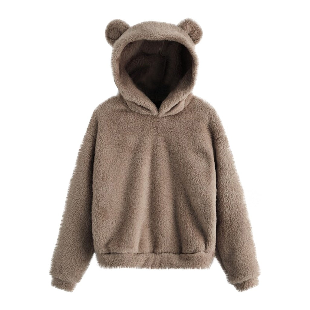 Fluffy hoodie Women fuzzy hoodie cute bear ear cap Autumn Winter Warm pullover Long Sleeve outwear Fluffy hoodie DailyAlertDeals Gray 1 S