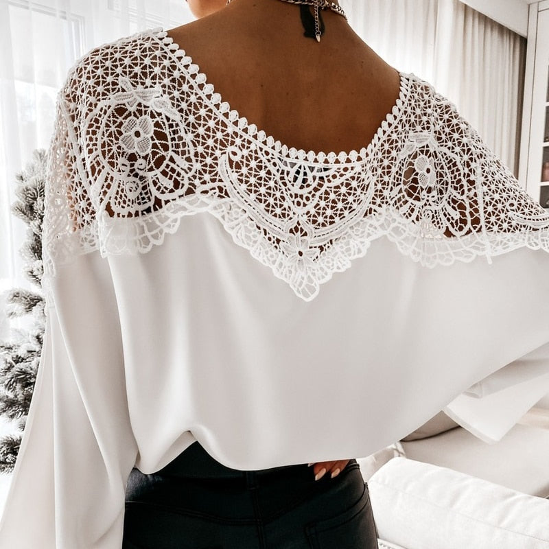 Lace Shirt White Blouse Women O-Neck Crochet Floral Long Sleeve Shirt Embroidery Casual Sexy Office Ladies Top Clothes 12459 0 DailyAlertDeals   