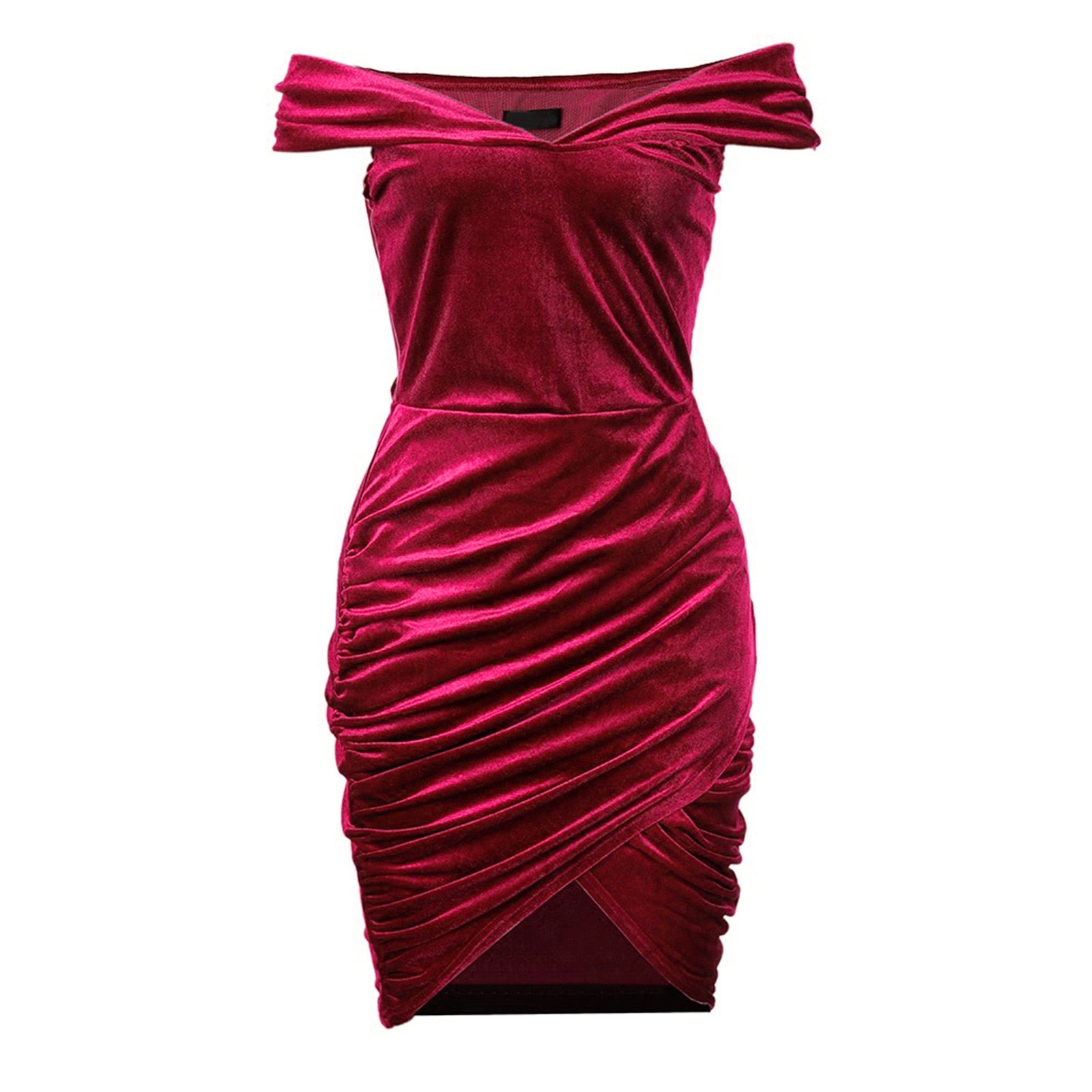 Elegant Off Shoulder Velvet Dress For Women Corduroy Cocktail Dress One Shoulder Rucked Dress Solid Robe Skinny Clubwear Velvet Dress Women DailyAlertDeals   