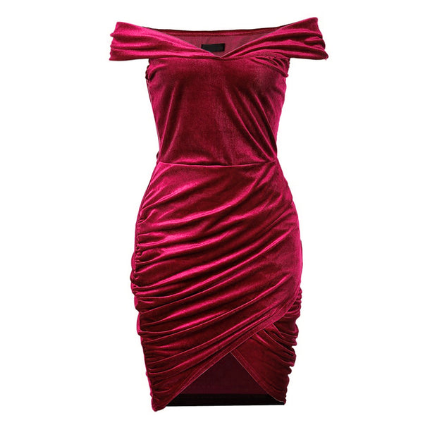 Elegant Off Shoulder Velvet Dress For Women Corduroy Cocktail Dress One Shoulder Rucked Dress Solid Robe Skinny Clubwear Velvet Dress Women DailyAlertDeals   