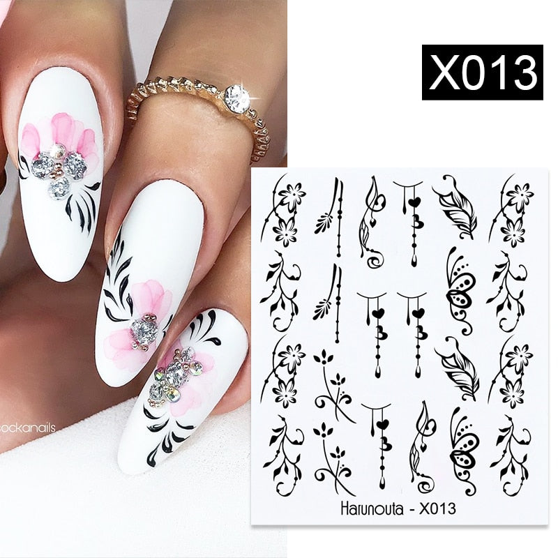 Harunouta 1pcs Nail Sticker Flower Water Transfer White Rose Necklace Lace Jewelry Nail Water Decal Black Wraps Tips Nail Stickers DailyAlertDeals X013  