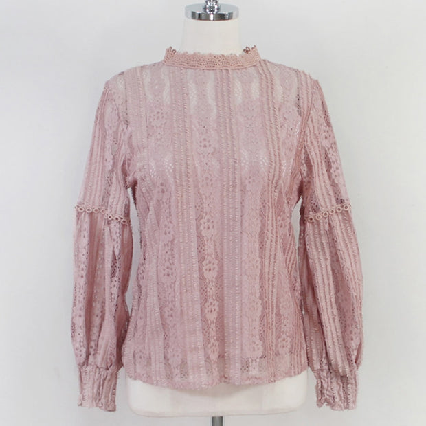 2022 Autumn Sweet Pink Shirts Long Sleeve Lace Blouse for Women Vintage Spliced Solid Womens Clothing Blusas Mujer De Moda 6899 Long Sleeve Lace Blouse for Women DailyAlertDeals pink S 