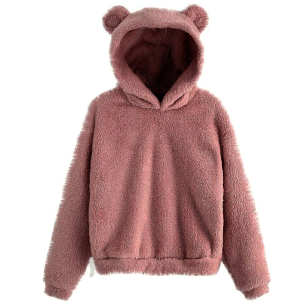 Fluffy hoodie Women fuzzy hoodie cute bear ear cap Autumn Winter Warm pullover Long Sleeve outwear Fluffy hoodie DailyAlertDeals Pink S