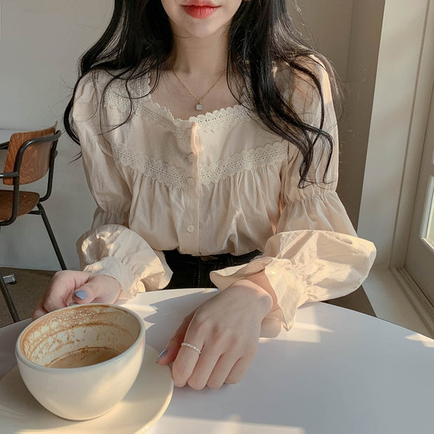 Beige Lace Blouse Vintage Square Collar Women Long Puff Sleeve Shirt Solid Cardigan Sweet Shirt Blusas Clothes Women Tops 11200 0 DailyAlertDeals   