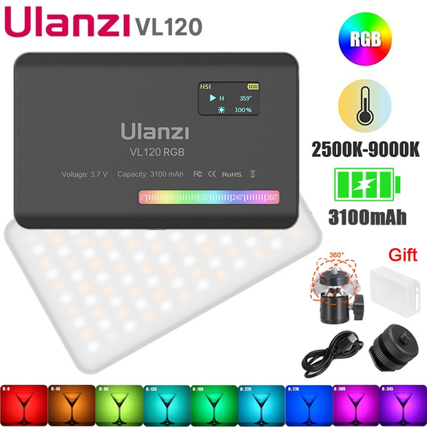 Ulanzi VL120 RGB LED Video Light Camera Light Full Color Rechargeable 3100mAh Dimmable 2500-9000K Panel Light Photo Studio Lamp Camera RGB light for Studio DailyAlertDeals   