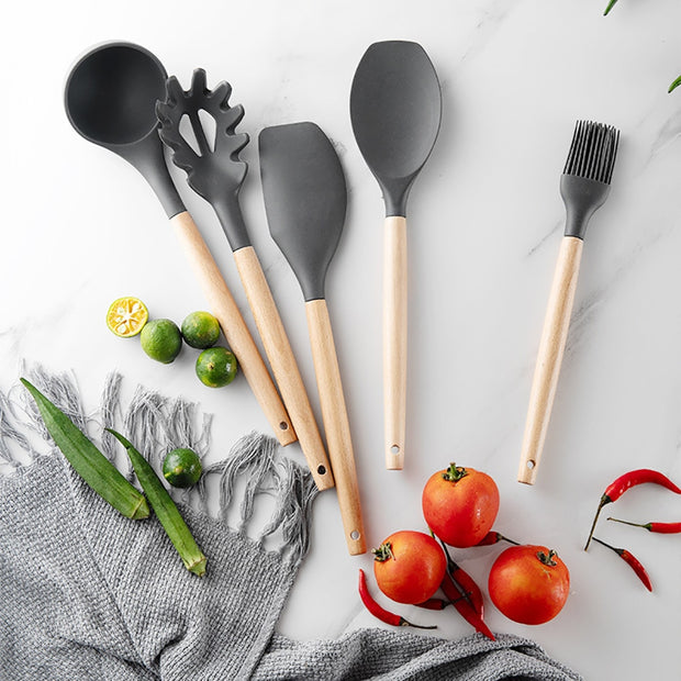 Silicone Kitchenware Cooking Utensils Set Non-stick Cookware Spatula Shovel Egg Beaters Wooden Handle Kitchen Cooking Tool Set utensils DailyAlertDeals   