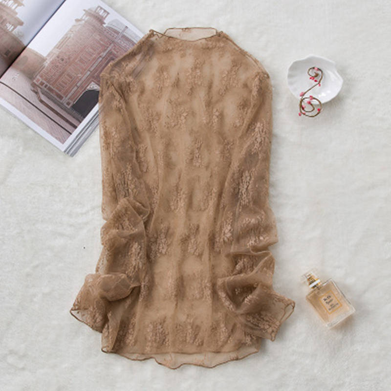 JuneLove Autumn Women Long Sleeve Turtleneck Lace Shirt Sexy Blouse lady Slim Blouse Perspective Mesh female Elastic Shirts Tops 0 DailyAlertDeals coffee S-M 