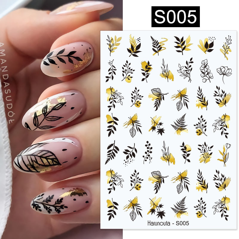 Harunouta Silver Black Geometric Textured Lines Stripe 3D Nail Sticker Flower Leaves Self Adhesive Transfer Sliders Paper Nail Stickers DailyAlertDeals S005  