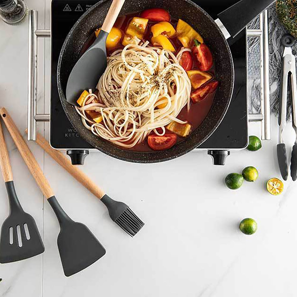Silicone Kitchenware Cooking Utensils Set Non-stick Cookware Spatula Shovel Egg Beaters Wooden Handle Kitchen Cooking Tool Set utensils DailyAlertDeals   