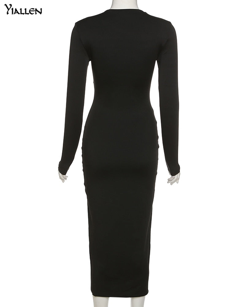 Autumn Crossed Cleavage Maxi Dress Women Concise Side Spilt Elegant Vestido Lady High Street Bodycon Slim Robe Skirt Black Maxi Dress for Women DailyAlertDeals   