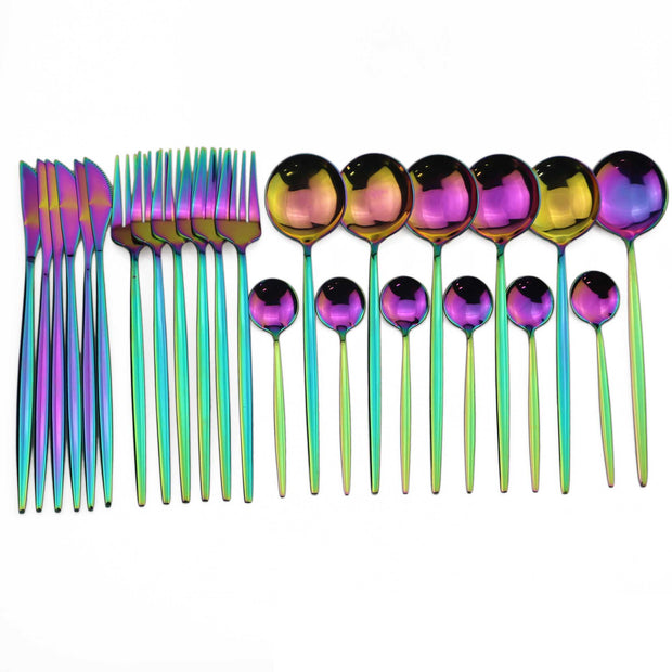 24pcs Black Western Dinnerware Set Stainless Steel Cutlery Set Fork Knife Spoon Tableware Set Flatware Set Silverware Set  DailyAlertDeals China 24pcs Rainbow 