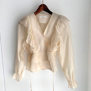 Fashion Vintage Chiffon Blouse Women 2021 New Puff Sleeve Ruffles V-neck Shirt Women Silm Casual Womens Blouses Tops Mujer 10334 0 DailyAlertDeals   