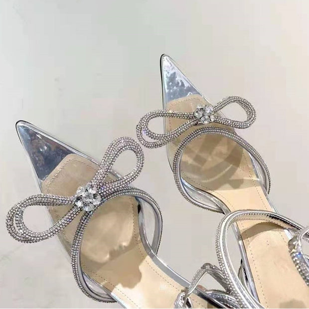 Runway style Glitter Rhinestones Women Pumps Crystal bowknot Satin Summer Lady Shoes Genuine leather High heels Party Prom Shoes High heels shoes DailyAlertDeals Transparent 36 