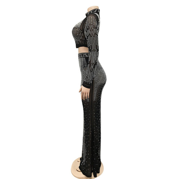 Black Crystal See Through Maxi Skirt Suits Sexy Mesh Long Sleeve Women's Party Outfit Top Clubwear Outfits Maxi Dresses DailyAlertDeals   