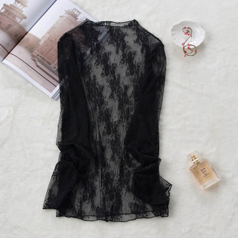 JuneLove Autumn Women Long Sleeve Turtleneck Lace Shirt Sexy Blouse lady Slim Blouse Perspective Mesh female Elastic Shirts Tops 0 DailyAlertDeals black S-M 