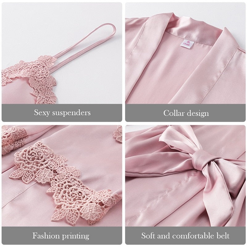 Sleepwear Female 5/4/2PCS Pajamas Set Sexy Satin Wedding Nightwear Rayon Home Wear Nighty Robe Suit  DailyAlertDeals   