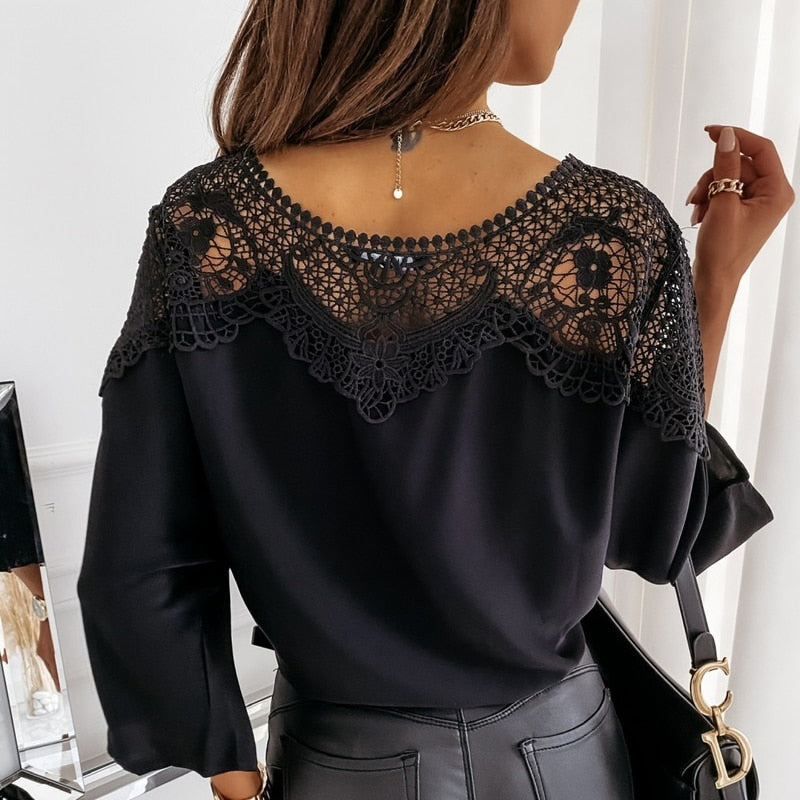 Lace Shirt White Blouse Women O-Neck Crochet Floral Long Sleeve Shirt Embroidery Casual Sexy Office Ladies Top Clothes 12459 0 DailyAlertDeals   