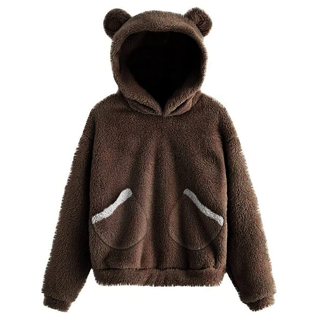 Fluffy hoodie Women fuzzy hoodie cute bear ear cap Autumn Winter Warm pullover Long Sleeve outwear Fluffy hoodie DailyAlertDeals Coffee WITH POCKET S