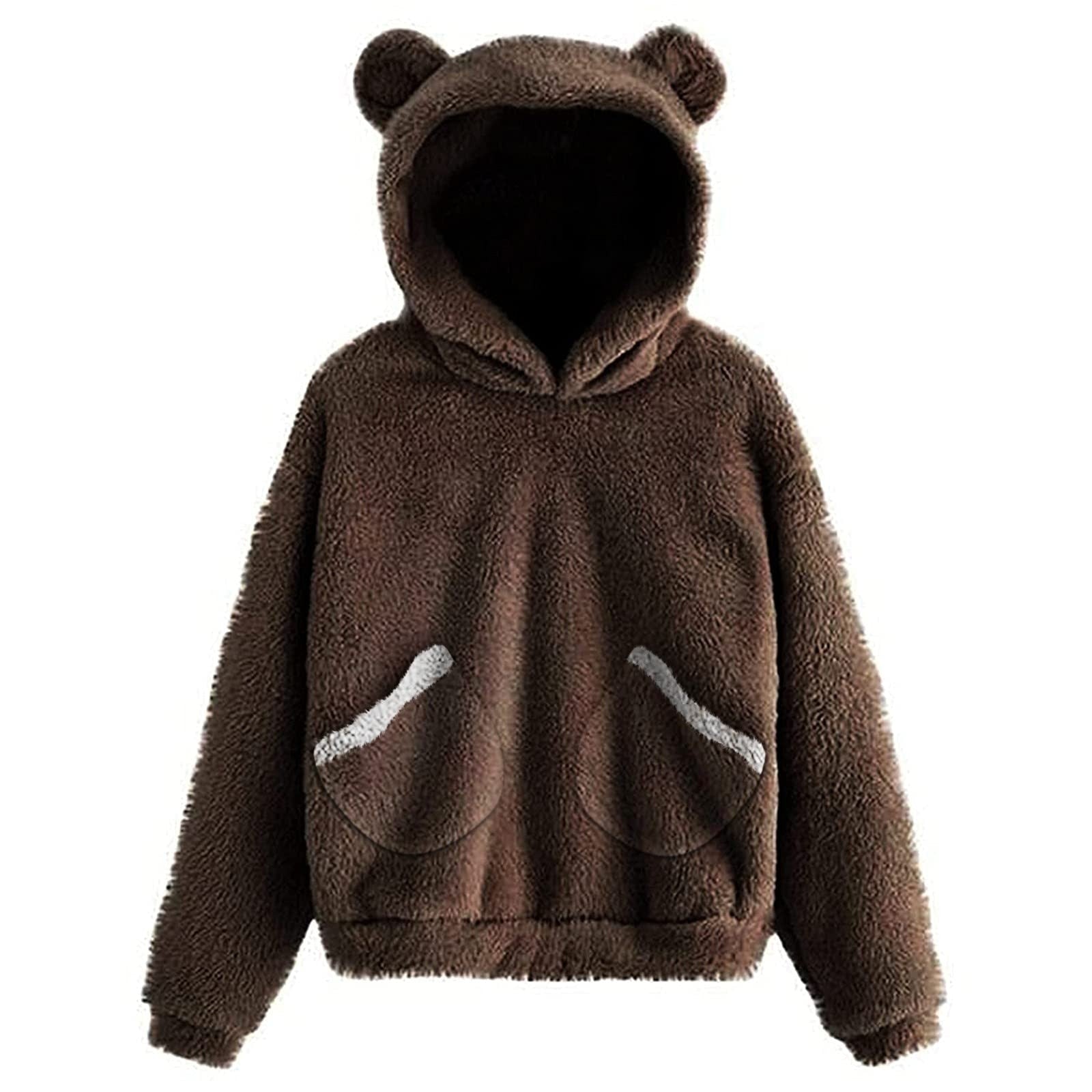 Fluffy hoodie Women fuzzy hoodie cute bear ear cap Autumn Winter Warm pullover Long Sleeve outwear Fluffy hoodie DailyAlertDeals Coffee WITH POCKET S