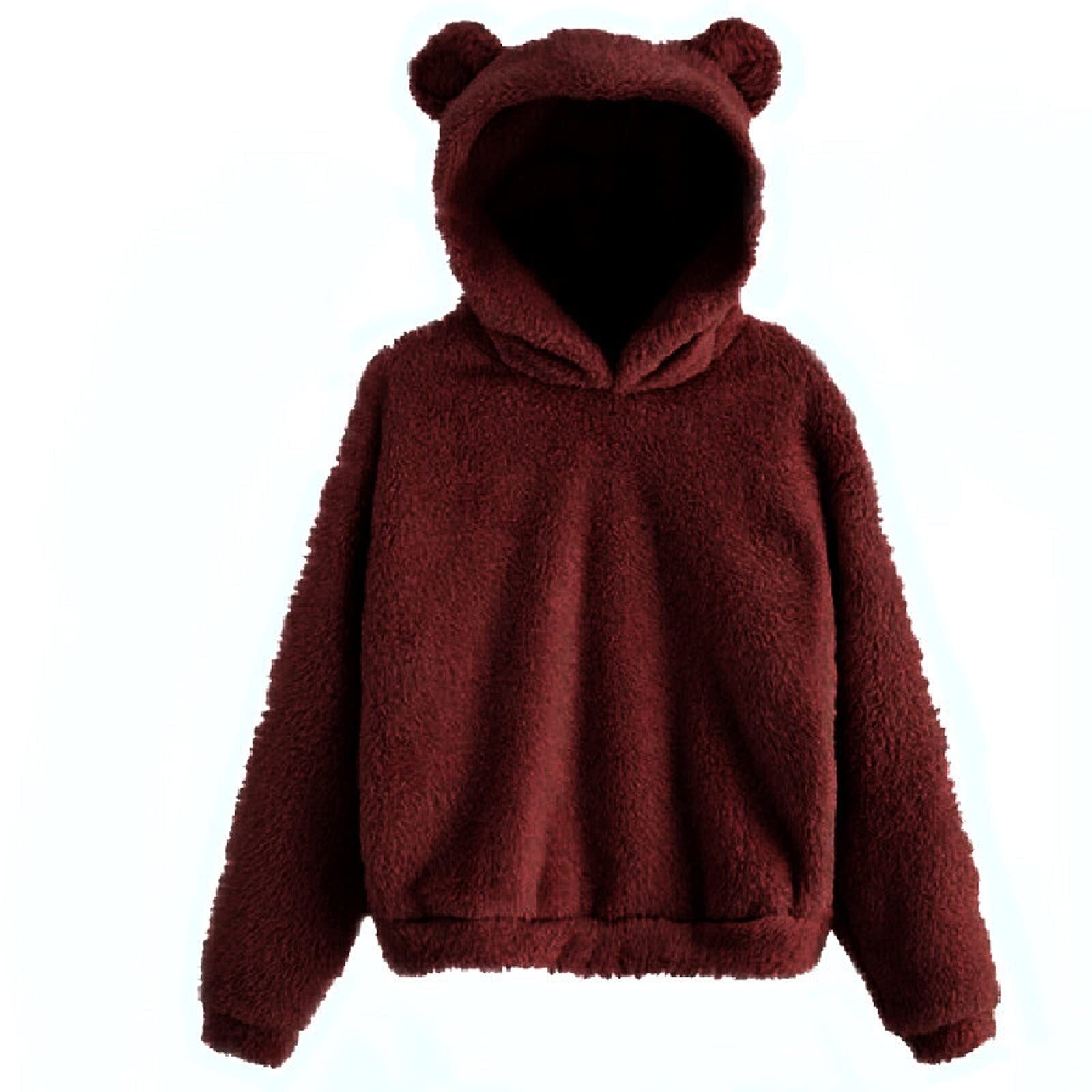 Fluffy hoodie Women fuzzy hoodie cute bear ear cap Autumn Winter Warm pullover Long Sleeve outwear Fluffy hoodie DailyAlertDeals Wine S