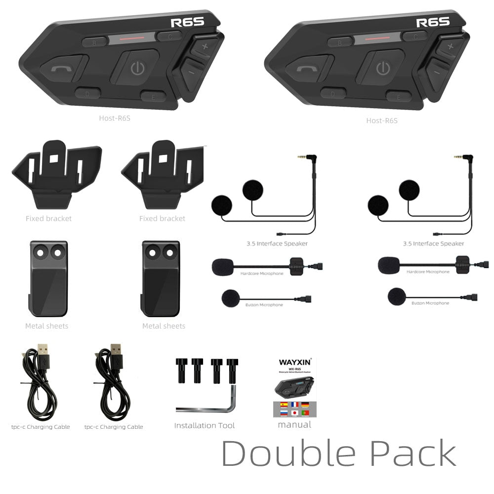 WAYXIN R6s Helmet Headset Motorcycle Intercom Waterproof Bluetooth 5.0  DSP Noise Reduction 6 Rider  Communication MP3 GPS 1200m Helmet Headset Motorcycle Intercom DailyAlertDeals China Double Pack 