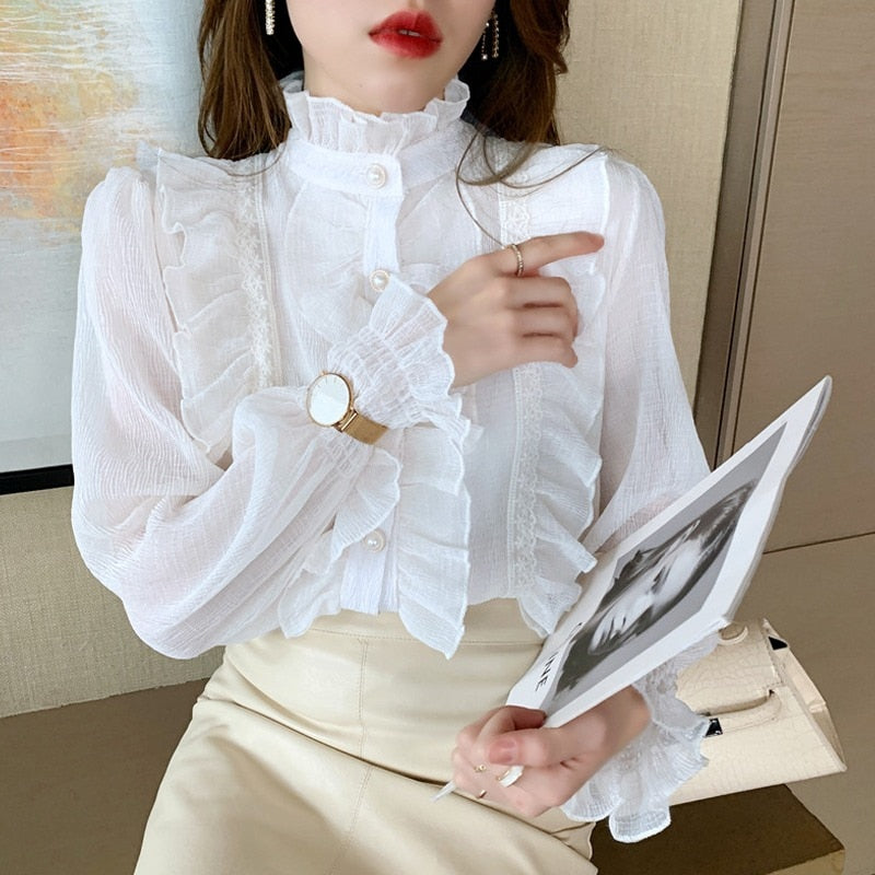 Korean New Elegant Long Sleeve Chiffon Shirt Spring Ruffle Lace Women Blouse Sweet Casual Tops Stand Collar Clothes Blusas 13433 Spring Ruffle Lace Women Blouse DailyAlertDeals   