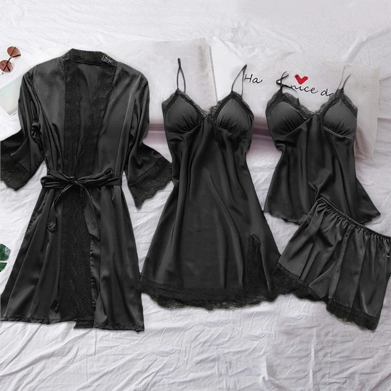 Sleepwear Female 5/4/2PCS Pajamas Set Sexy Satin Wedding Nightwear Rayon Home Wear Nighty Robe Suit  DailyAlertDeals 4PCS black S 
