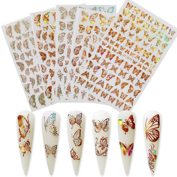 1pc Holographic 3D Butterfly Nail Art Stickers Adhesive Sliders Colorful DIY Golden Nail Transfer Decals Foils Wraps Decorations nail art DailyAlertDeals   