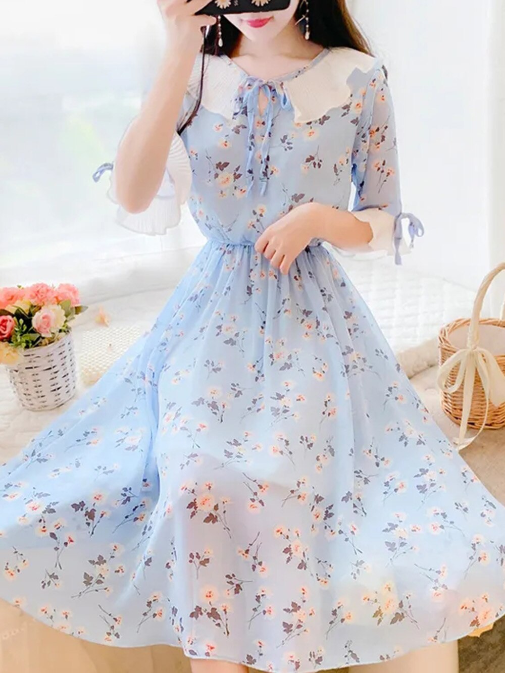 2021 summer new dress short-sleeved chiffon print dress female slim slimming long skirt 0 DailyAlertDeals 2 S China