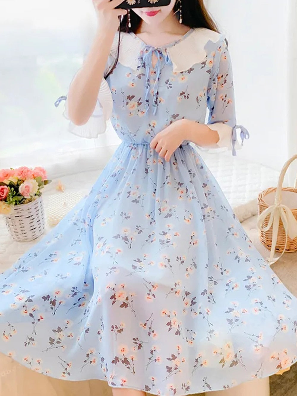 2021 summer new dress short-sleeved chiffon print dress female slim slimming long skirt 0 DailyAlertDeals 2 S China