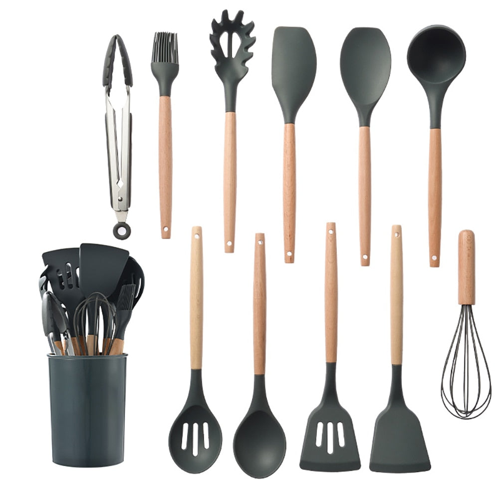 Silicone Kitchenware Cooking Utensils Set Non-stick Cookware Spatula Shovel Egg Beaters Wooden Handle Kitchen Cooking Tool Set utensils DailyAlertDeals Saudi Arabia setCJ-grey 