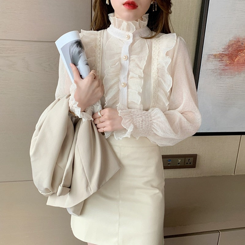 Korean New Elegant Long Sleeve Chiffon Shirt Spring Ruffle Lace Women Blouse Sweet Casual Tops Stand Collar Clothes Blusas 13433 Spring Ruffle Lace Women Blouse DailyAlertDeals   